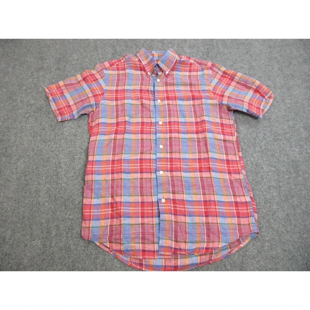 Orvis Shirt Mens Medium Red Plaid Linen Madras Button Up Casual Lightweight